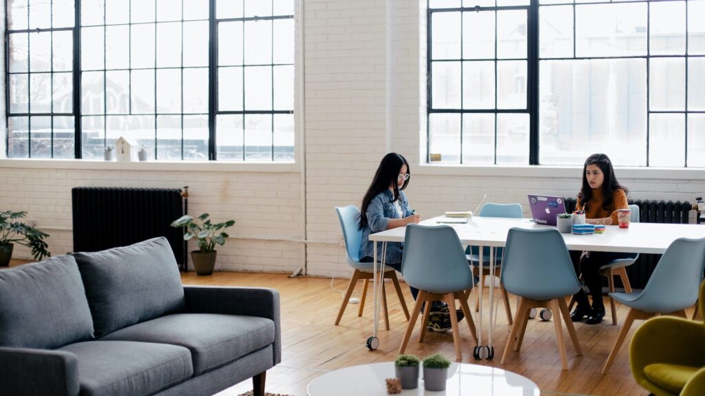 Two women studying at a large table in a bright, modern room with large windows.