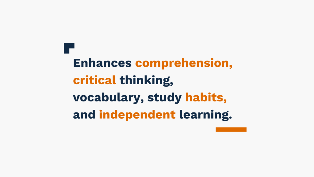 Slide with the text 'Enhances comprehension, critical thinking, vocabulary, study habits, and independent learning.' in navy and orange colors.