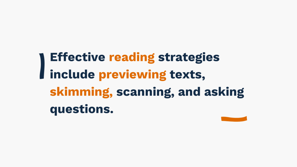 Effective reading strategies include previewing texts, skimming, scanning, and asking questions