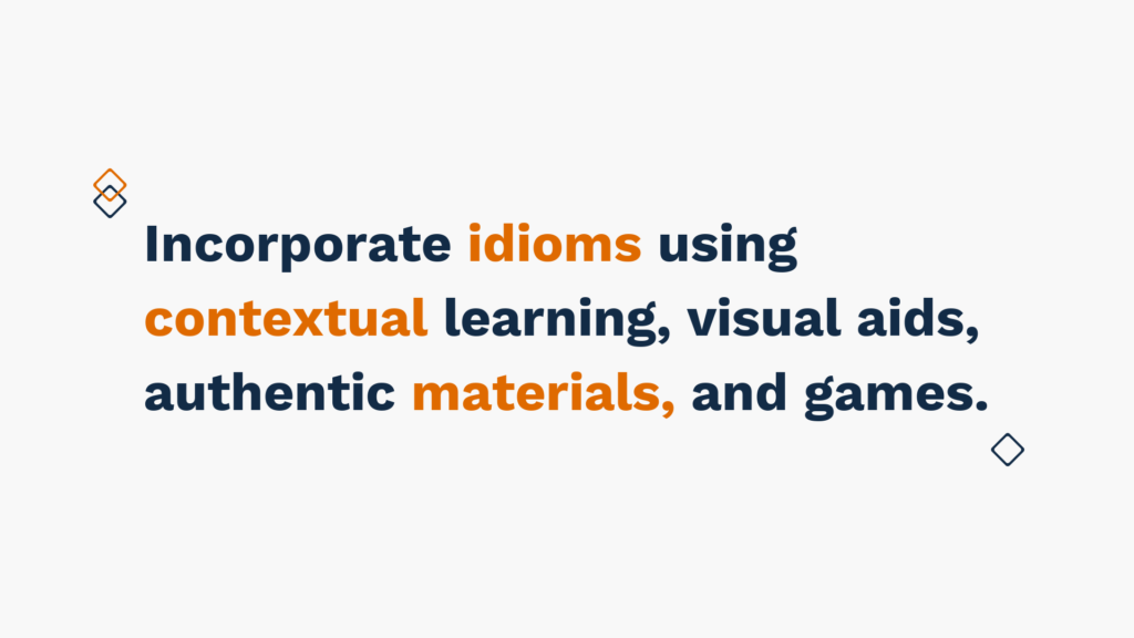 "Slide with text 'Incorporate idioms using contextual learning, visual aids, authentic materials, and games.'"