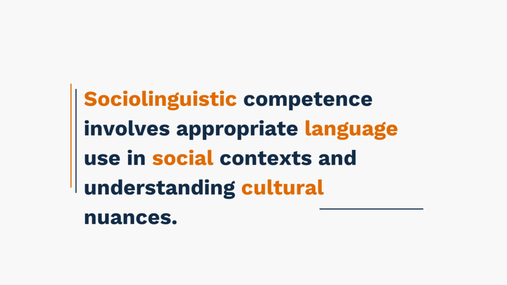 Sociolinguistic competence involves appropriate language use in social contexts and understanding cultural nuances.