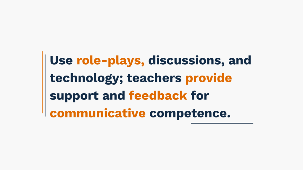 Use role-plays, discussions, and technology; teachers provide support and feedback for communicative competence.