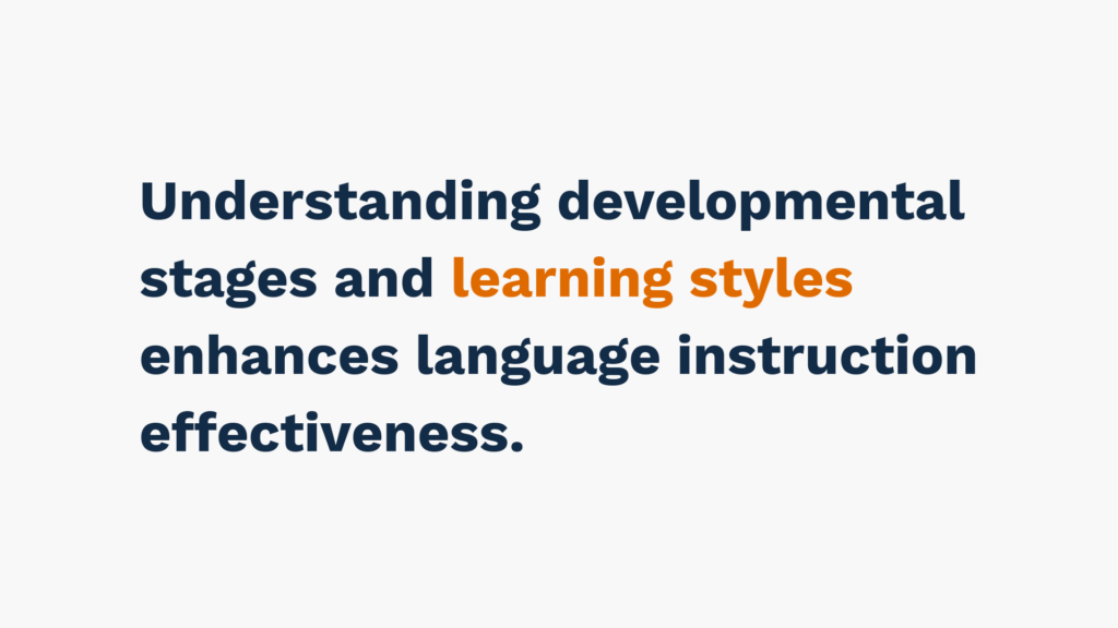 "Text stating 'Understanding developmental stages and learning styles enhances language instruction effectiveness,' with 'learning styles' highlighted in orange."