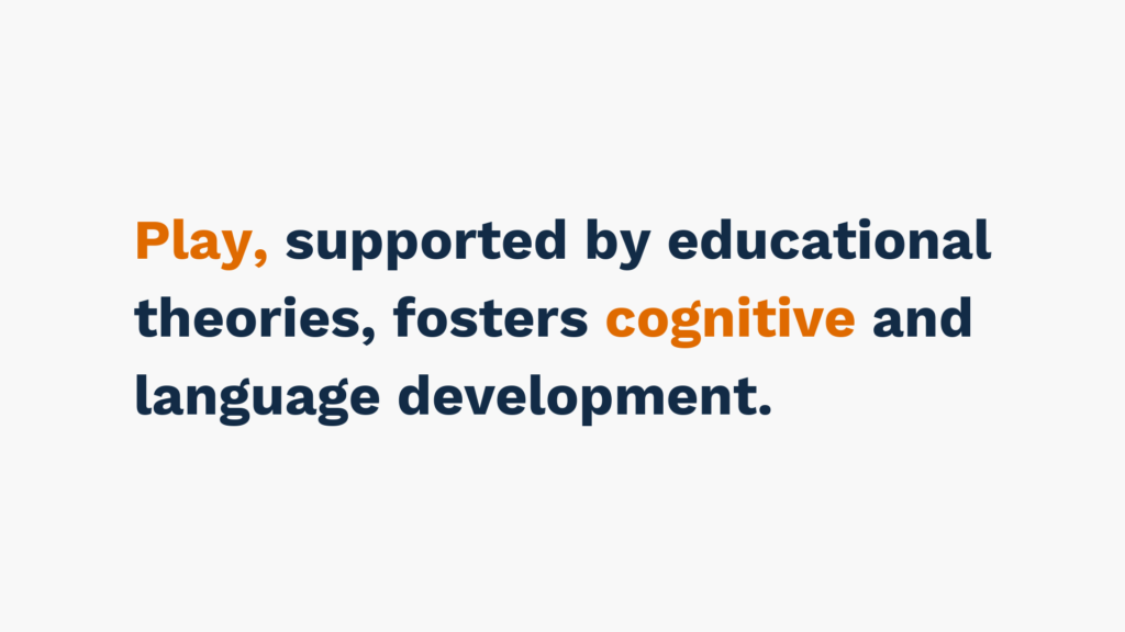 "Text reads 'Play, supported by educational theories, fosters cognitive and language development.' The words 'Play' and 'cognitive' are highlighted in orange."