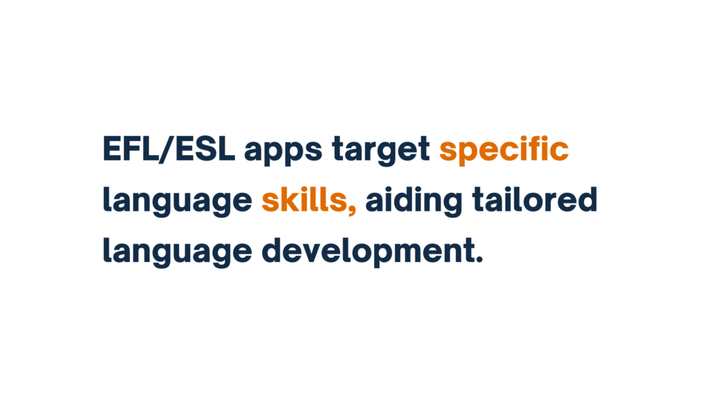 "Text reads 'EFL/ESL apps target specific language skills, aiding tailored language development,' with 'specific' and 'skills' highlighted in orange."