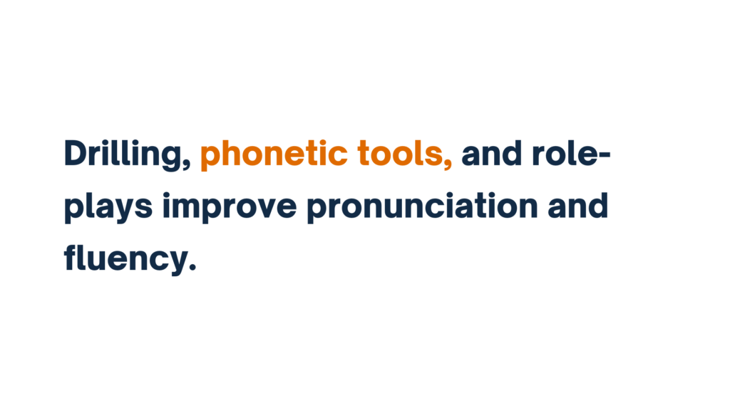 "Text stating 'Drilling, phonetic tools, and role-plays improve pronunciation and fluency.' with the words 'phonetic tools' highlighted in orange."