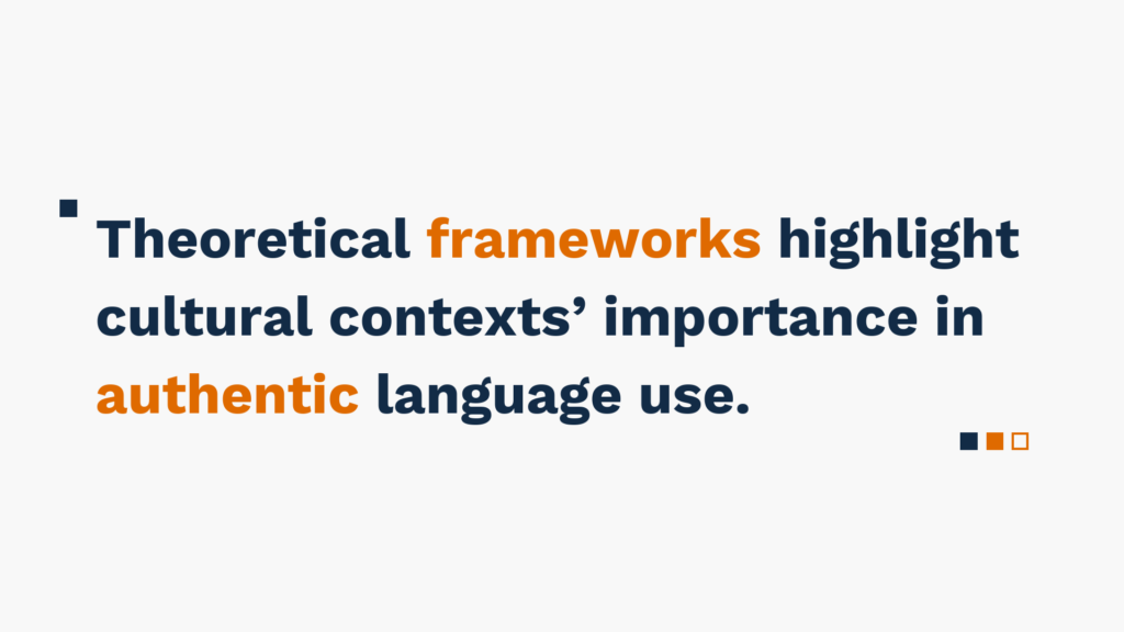 "Text on a white background: Theoretical frameworks highlight cultural contexts’ importance in authentic language use."