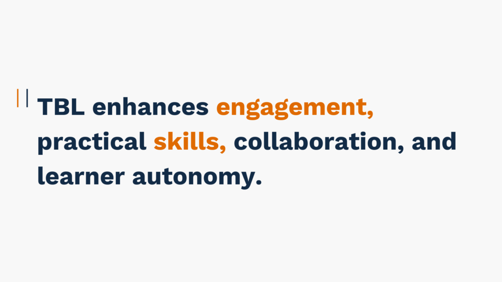 "TBL enhances engagement, practical skills, collaboration, and learner autonomy."