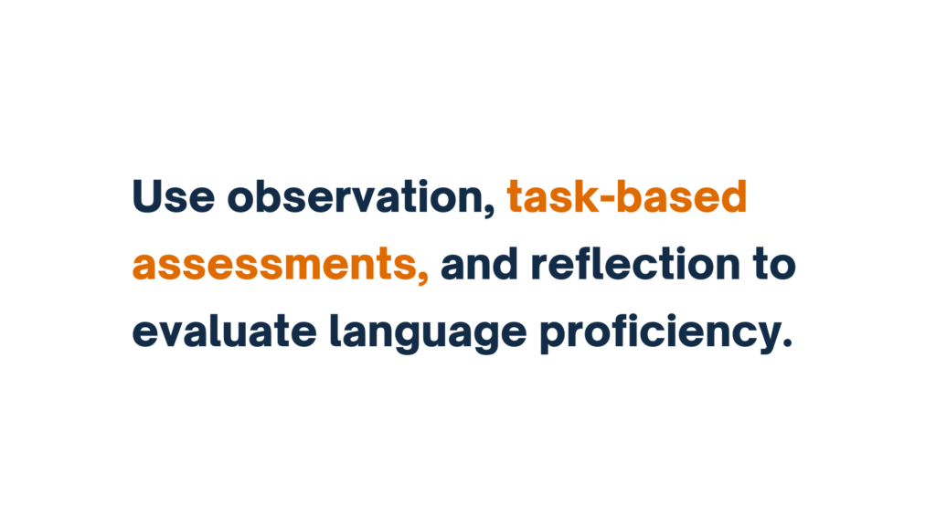 "Text reading 'Use observation, task-based assessments, and reflection to evaluate language proficiency.' The words 'task-based assessments' are highlighted in orange."