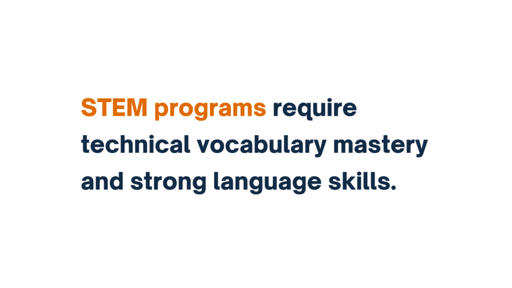 STEM programs require technical vocabulary mastery and strong language skills in bold text.