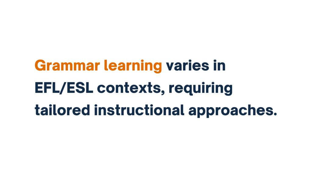 Text reads 'Grammar learning varies in EFL/ESL contexts, requiring tailored instructional approaches' with 'Grammar learning' highlighted in orange.