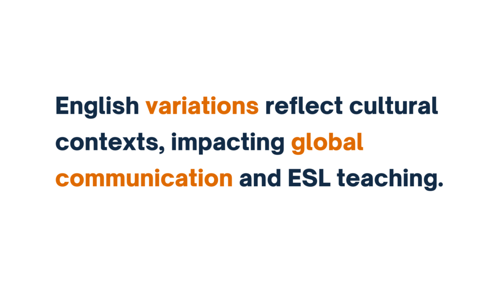 "Text graphic: English variations reflect cultural contexts, impacting global communication and ESL teaching."