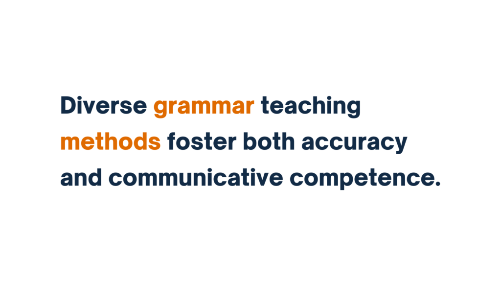 Text reads 'Diverse grammar teaching methods foster both accuracy and communicative competence' with 'grammar' and 'methods' highlighted in orange.