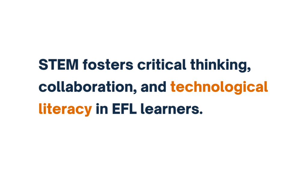 STEM fosters critical thinking, collaboration, and technological literacy in EFL learners, with STEM and technological literacy highlighted in orange.