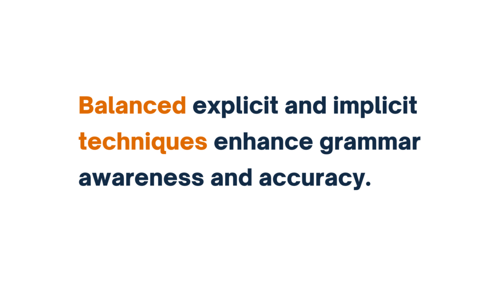 Text reads 'Balanced explicit and implicit techniques enhance grammar awareness and accuracy' with 'Balanced' and 'techniques' highlighted in orange.