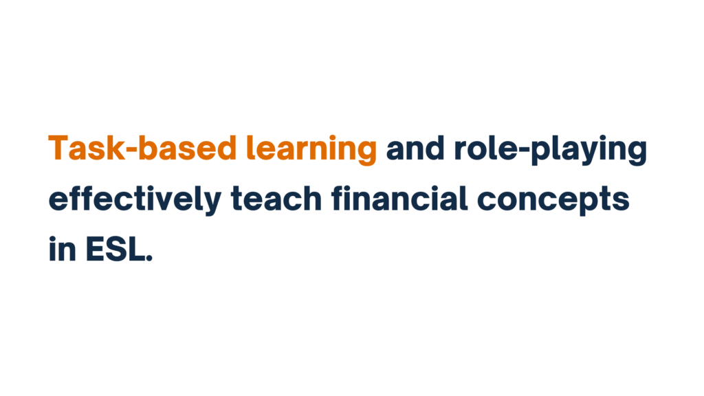 "Text reading 'Task-based learning and role-playing effectively teach financial concepts in ESL,' with 'Task-based learning' highlighted in orange."