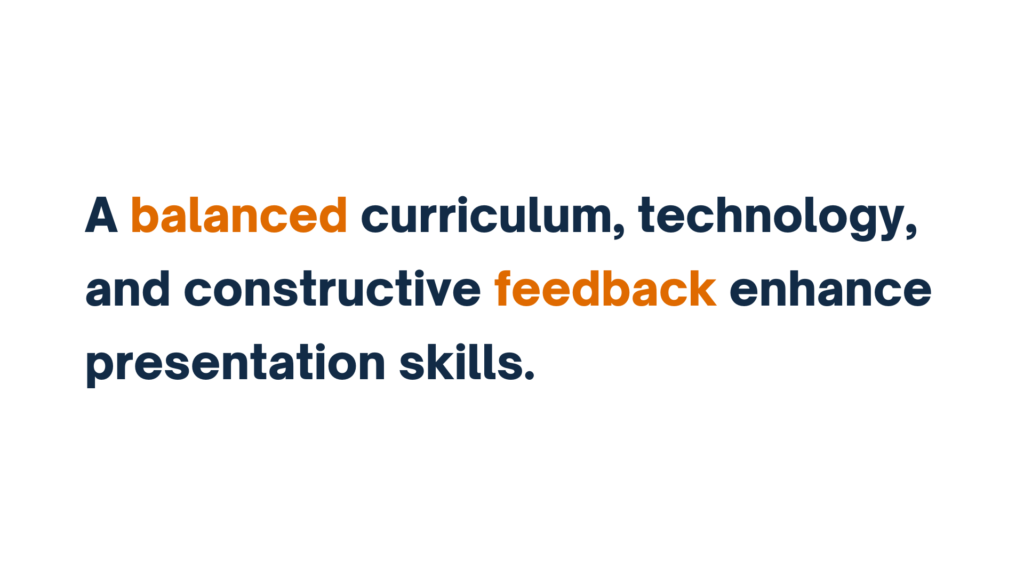 A balanced curriculum, technology, and constructive feedback enhance presentation skills.