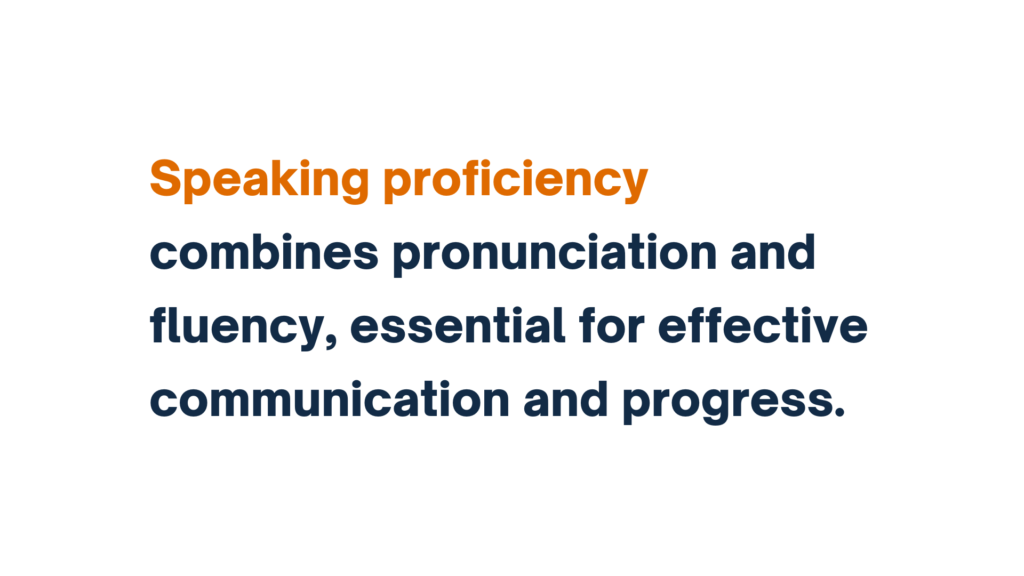 "Speaking proficiency combines pronunciation and fluency, essential for effective communication and progress" with 'Speaking proficiency' highlighted in orange.