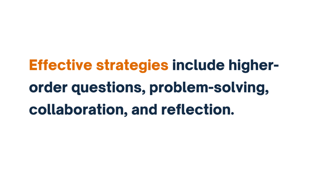 Text slide reading, 'Effective strategies include higher-order questions, problem-solving, collaboration, and reflection.' The words 'Effective strategies' are highlighted in orange.