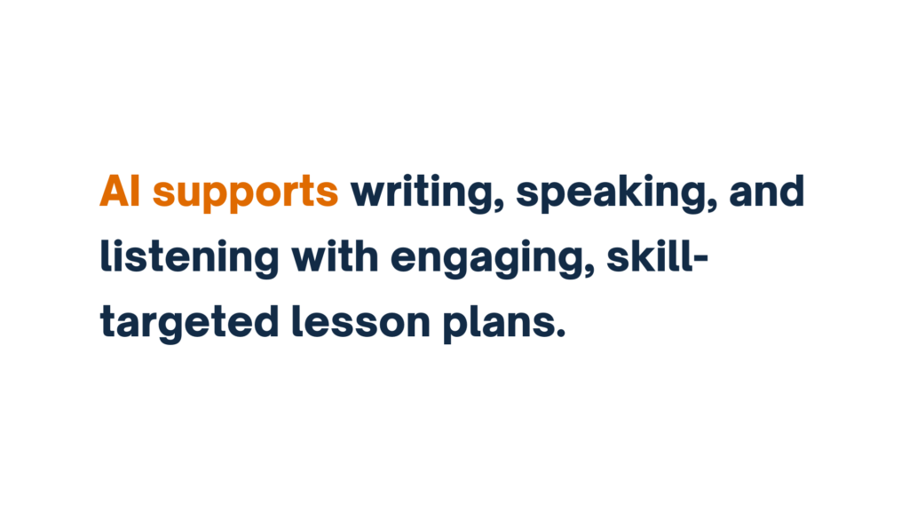 "Text describing AI's support for lesson planning: 'AI supports writing, speaking, and listening with engaging, skill-targeted lesson plans.'"