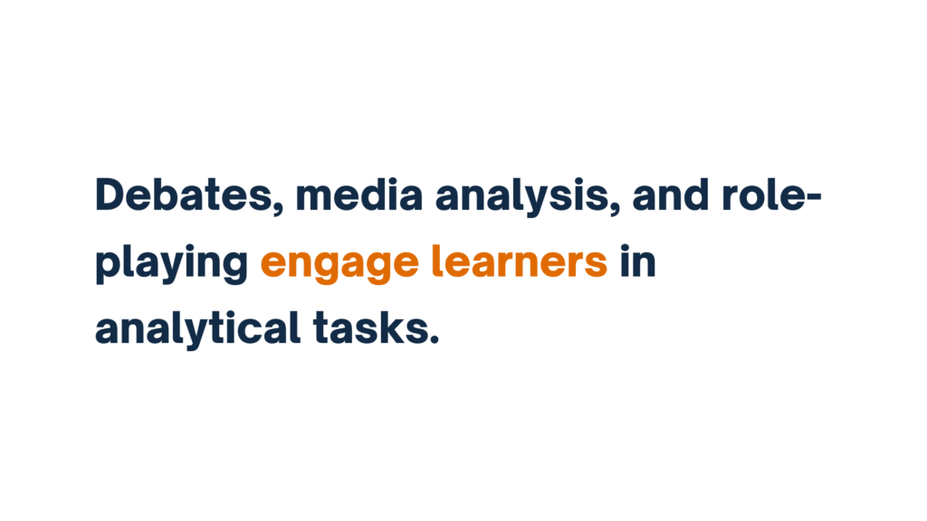 Text slide saying, 'Debates, media analysis, and role-playing engage learners in analytical tasks.' The phrase 'engage learners' is highlighted in orange.