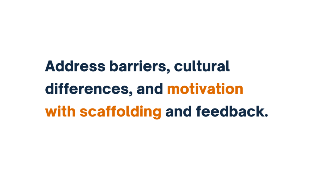 "Text stating 'Address barriers, cultural differences, and motivation with scaffolding and feedback,' with 'motivation' highlighted in orange."