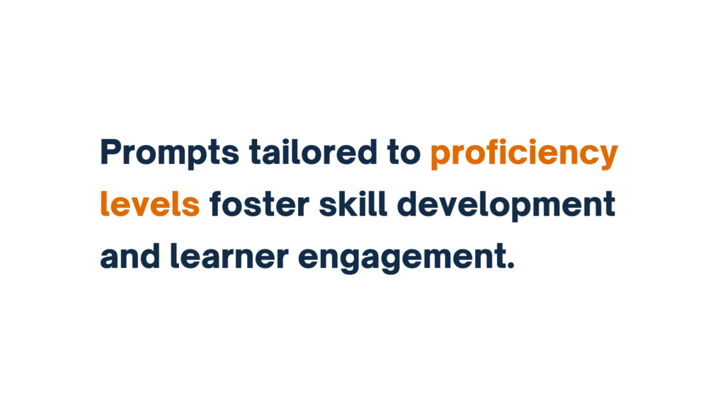 "Text image stating 'Prompts tailored to proficiency levels foster skill development and learner engagement.' Key phrase 'proficiency levels' is highlighted in orange font."