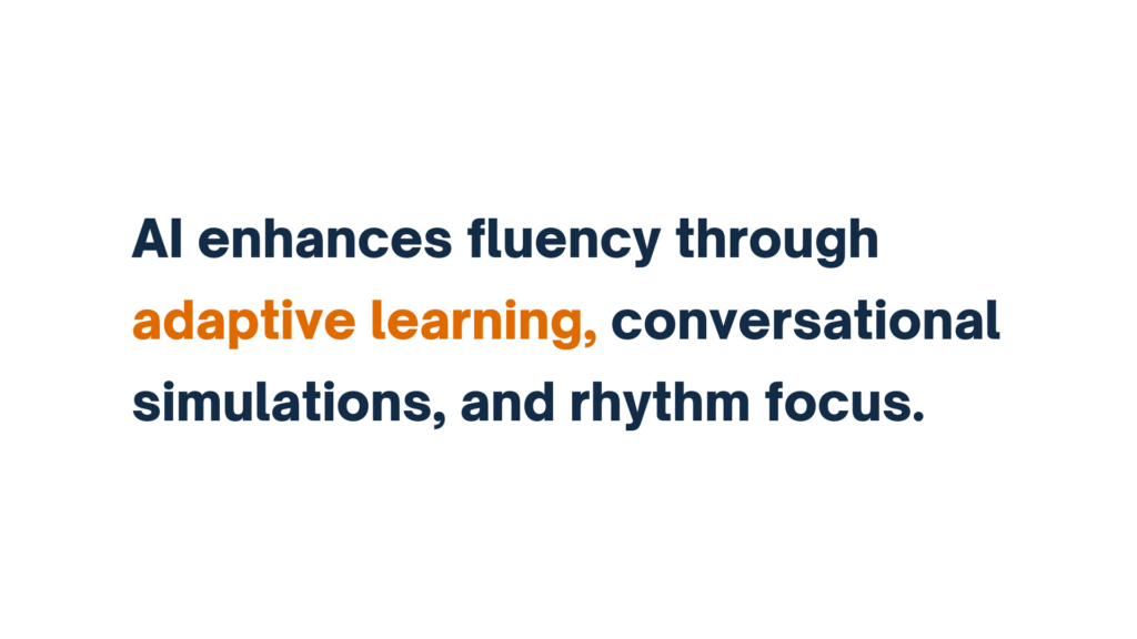 "AI enhances fluency through adaptive learning, conversational simulations, and rhythm focus" with 'adaptive learning' highlighted in orange.