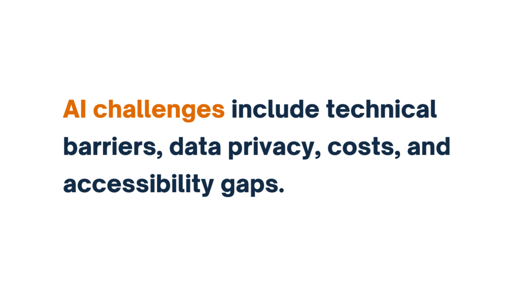 "AI challenges include technical barriers, data privacy, costs, and accessibility gaps" with 'AI challenges' highlighted in orange.