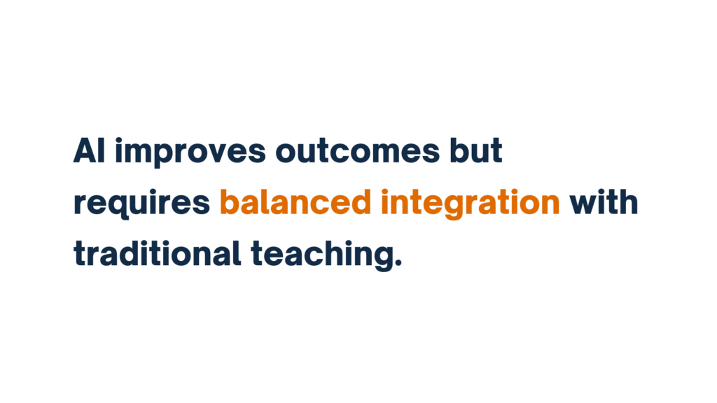  "Text stating 'AI improves outcomes but requires balanced integration with traditional teaching,' with 'balanced integration' highlighted in orange."