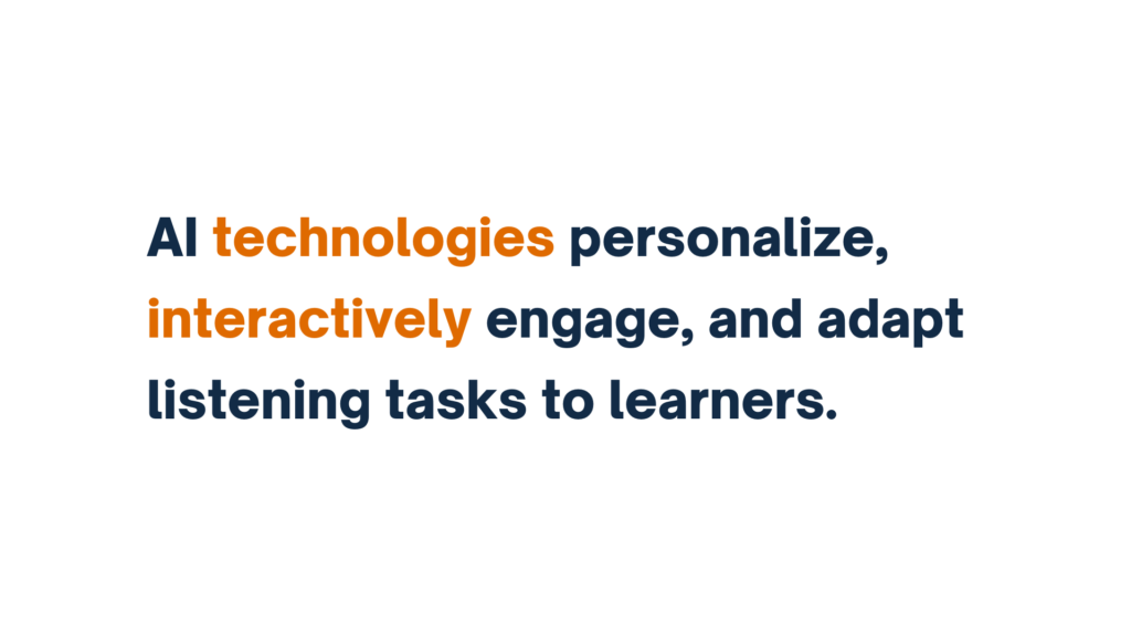 "AI technologies personalize, interactively engage, and adapt listening tasks to learners" in bold text, emphasizing "AI technologies" and "interactively engage" in orange.