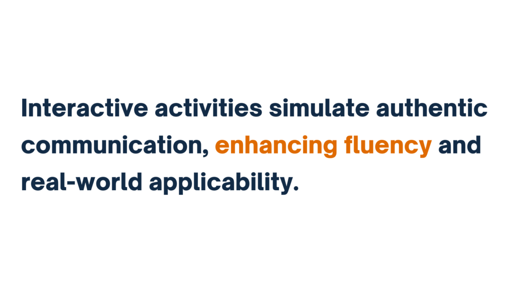 Text reading, "Interactive activities simulate authentic communication, enhancing fluency and real-world applicability."