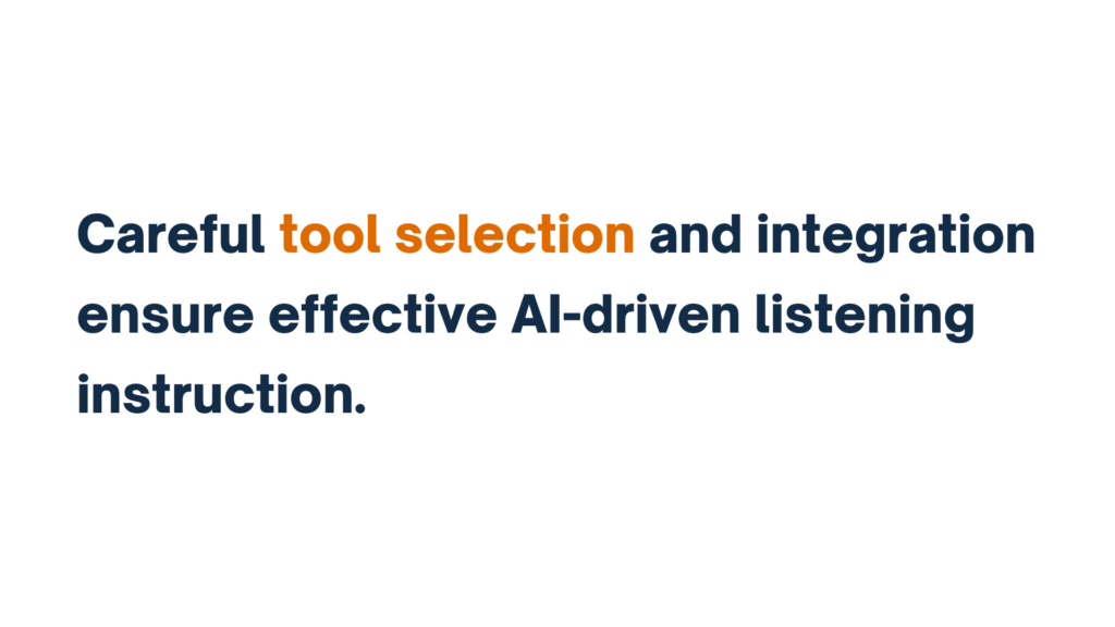 "Careful tool selection and integration ensure effective AI-driven listening instruction" in bold text, with "tool selection" emphasized in orange.