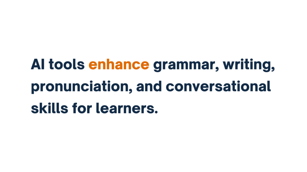 AI tools enhance grammar, writing, pronunciation, and conversational skills for learners.