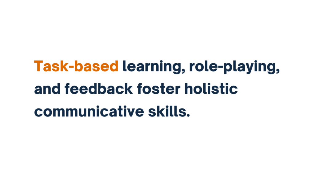 "Task-based learning, role-playing, and feedback foster holistic communicative skills."