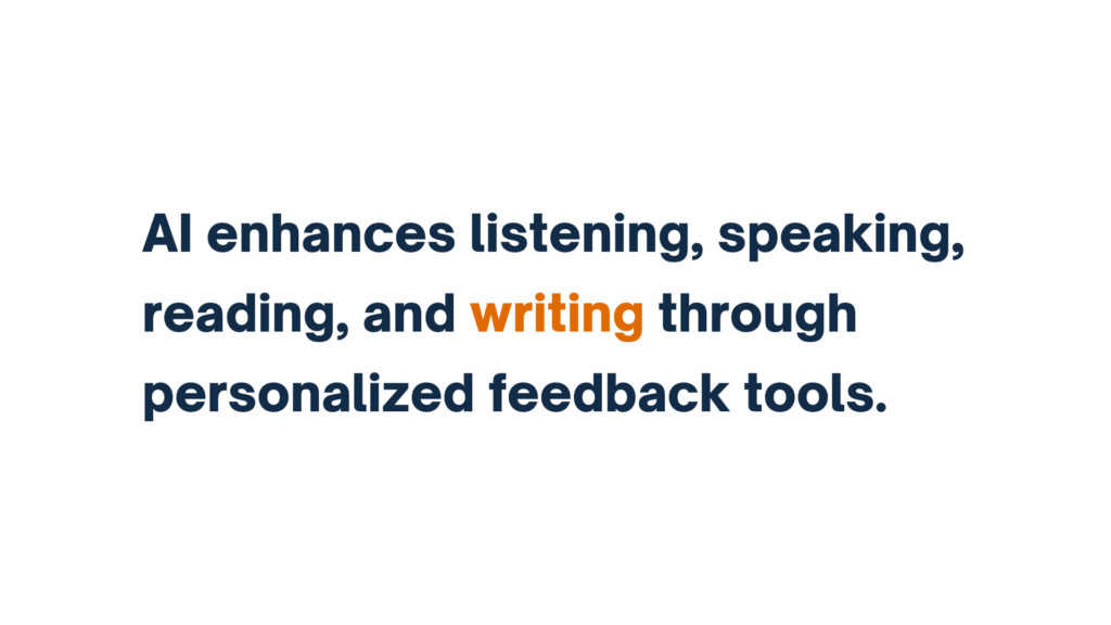 "AI enhances listening, speaking, reading, and writing through personalized feedback tools."