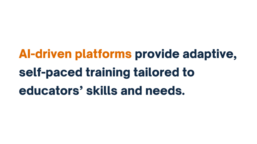 "Text stating: 'AI-driven platforms provide adaptive, self-paced training tailored to educators’ skills and needs.' The phrase 'AI-driven platforms' is highlighted in orange."