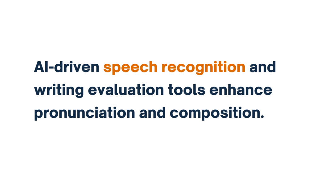 "Text stating 'AI-driven speech recognition and writing evaluation tools enhance pronunciation and composition,' with 'speech recognition' highlighted in orange."

