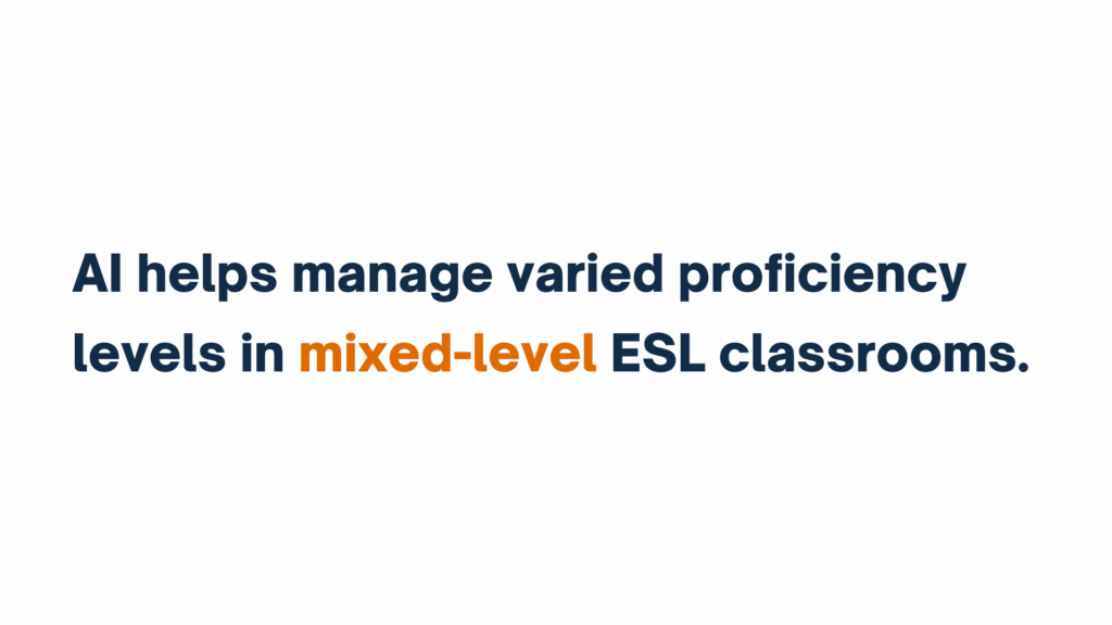 Text graphic reading “AI helps manage varied proficiency levels in mixed-level ESL classrooms,” with "AI" and "mixed-level" highlighted in orange.