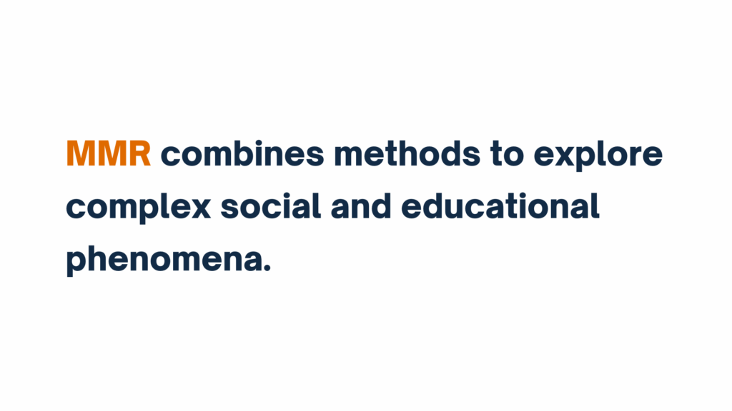 Text graphic stating “MMR combines methods to explore complex social and educational phenomena,” with “MMR” in orange.