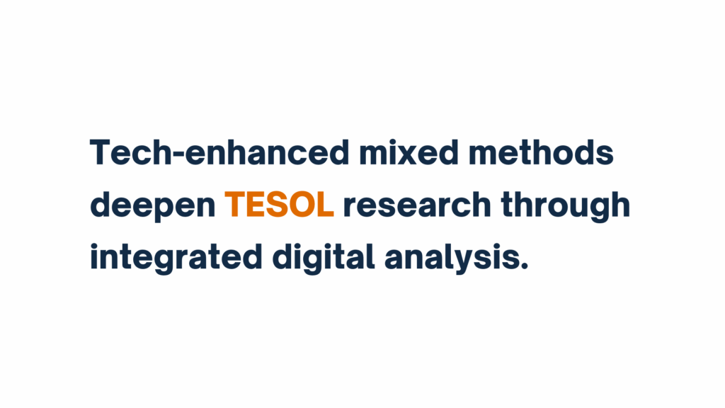 Text graphic stating: "Tech-enhanced mixed methods deepen TESOL research through integrated digital analysis." The word "TESOL" is highlighted in orange.

