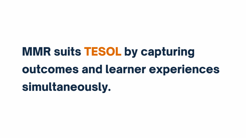 Text graphic stating “MMR suits TESOL by capturing outcomes and learner experiences simultaneously,” with “TESOL” in orange.