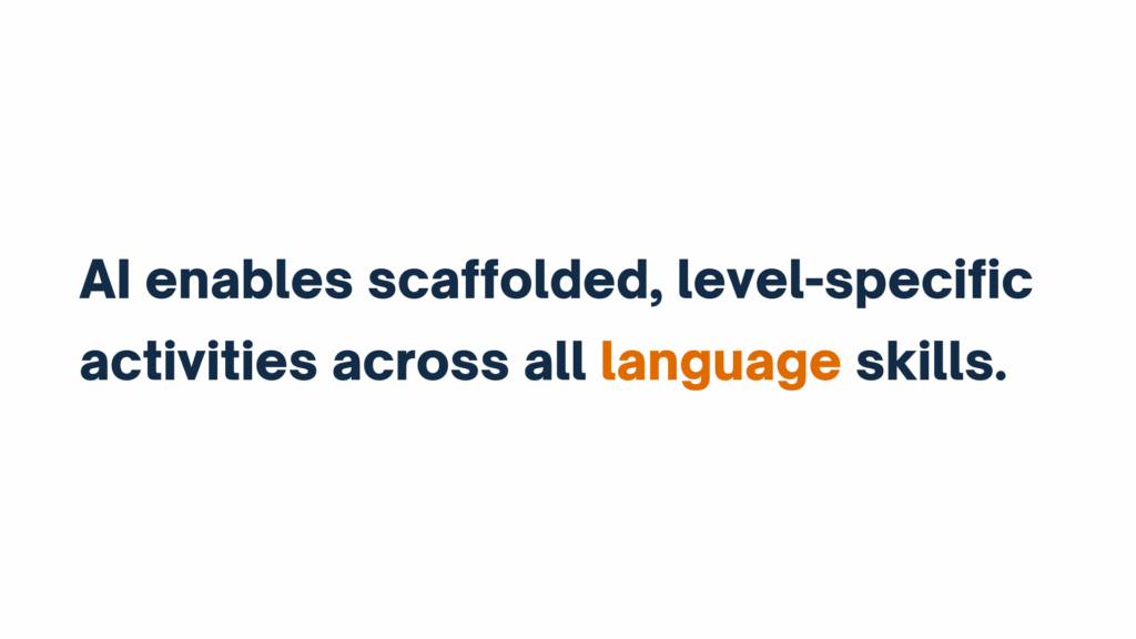 Text graphic stating “AI enables scaffolded, level-specific activities across all language skills,” with "language" highlighted in orange.