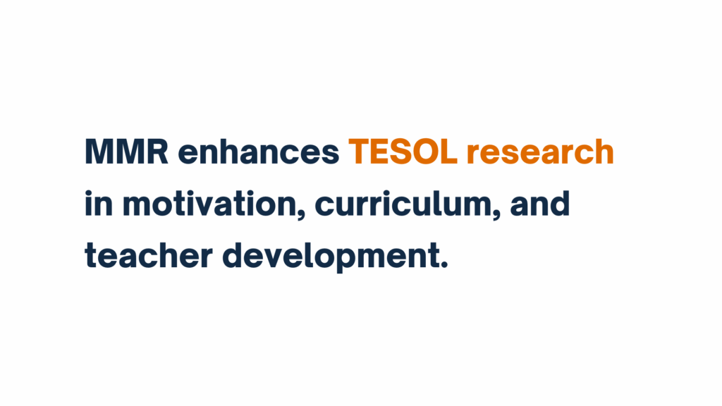 Text graphic stating “MMR enhances TESOL research in motivation, curriculum, and teacher development,” with “TESOL research” in orange.