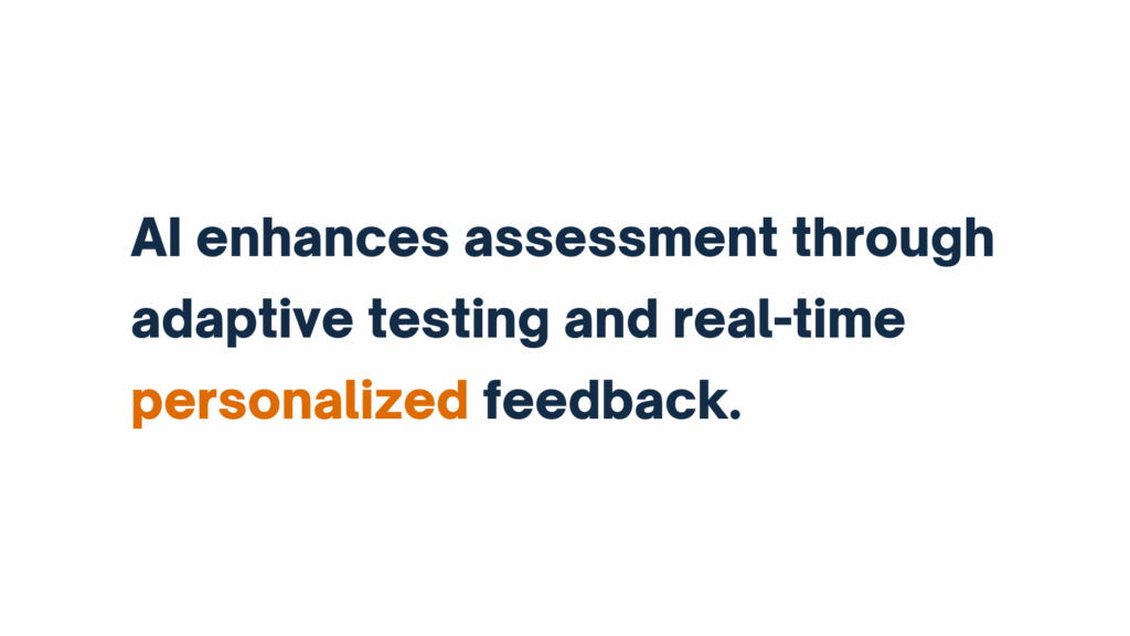 Text graphic stating “AI enhances assessment through adaptive testing and real-time personalized feedback,” with "personalized" highlighted in orange.