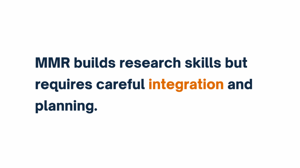 Text graphic stating “MMR builds research skills but requires careful integration and planning,” with “integration” in orange.