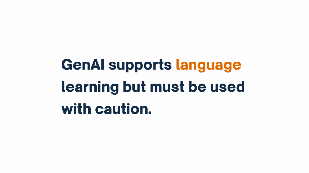 Text reading, “GenAI supports language learning but must be used with caution.” The word “language” is highlighted in orange.