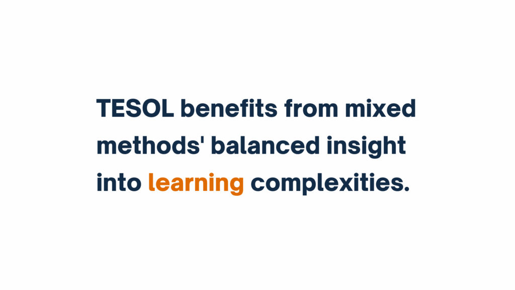 "Text reads: TESOL benefits from mixed methods' balanced insight into learning complexities. The word 'learning' is highlighted in orange."