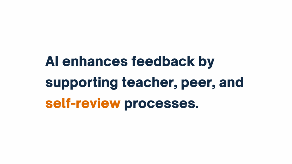 Text that reads, “AI enhances feedback by supporting teacher, peer, and self-review processes.” The term “self-review” is highlighted in orange.
