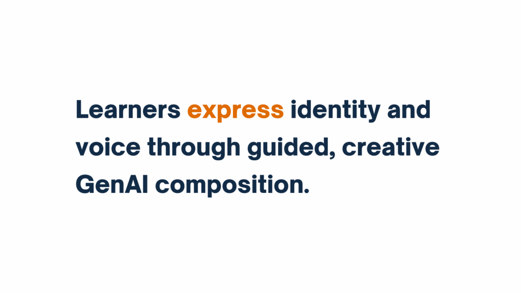 Quote reading “Learners express identity and voice through guided, creative GenAI composition,” with the word "express" in orange.
